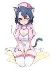  1girl animal_ears blue_hair blush breasts cat_ears cleavage cleavage_cutout heart-shaped_hole huge_breasts idolmaster idolmaster_million_live! looking_at_viewer peeing peeing_self simple_background sitting solo thighhighs toyokawa_fuuka yellow_eyes 