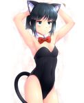  animal_ears arms_up bad_id bad_pixiv_id bare_legs black_hair bow bowtie cat_ears cat_tail detached_collar green_eyes highres kittysuit komimiyako leotard power_pro_kun_pocket power_pro_kun_pocket_7 serizawa_mao short_hair tail 