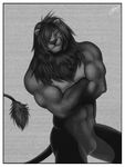  abs anthro balls biceps black black_fur black_hair black_nose blue_eyes crossed_arms feline feralise flaccid fur grin hair lion looking_at_viewer male mammal monochrome muscles naturally_censored nude pecs penis pose sheath smile solo standing toned 