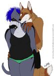  anthro canine clothing coyote cuddling dog duo facial_scar female glowy glowydabstrd hailstorm lovers male mammal pants pitbull shirt smirk straight tank_top 