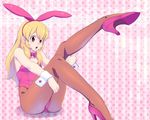  aikatsu! aikatsu!_(series) animal_ears blonde_hair blush bow bowtie breasts bunny_ears bunny_girl bunnysuit cleavage detached_collar hair_ribbon highres hoshimiya_ichigo long_hair oku_(okumen) open_mouth pantyhose red_eyes ribbon small_breasts smile solo wrist_cuffs 