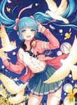  aqua_eyes aqua_hair bird commentary hair_ribbon hatsune_miku headphones headphones_around_neck long_hair necktie open_mouth philomelalilium project_diva_(series) project_diva_f ribbon ribbon_girl_(module) shinpakusuu_0822_(vocaloid) skirt sky solo star_(sky) starry_sky thighhighs twintails vocaloid 