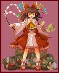  1girl alcohol anger_vein ascot bad_id bad_pixiv_id bow brown_hair carrot detached_sleeves food gohei hair_bow hair_tubes hakurei_reimu open_mouth potato red_eyes sake spring_onion standing tomato touhou uma_(ninjin_misaki) vegetable 