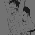  1:1 abs bdsm blindfold bondage bound bound_wrists clothed_on_nude collar duo facial_hair forced gag goatee hood hoodie male male_focus monkey_d_luffy monochrome multiple_boys one_piece pixiv_manga_sample ryo_(pixiv966497) scar tattoo topless trafalgar_law yaoi 