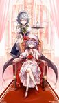  apron artist_name ascot bad_id bad_pixiv_id banned_artist bat_wings blue_dress bow braid brooch chair choker crossed_legs cup dress hair_ribbon hat hat_ribbon high_heels highres izayoi_sakuya jewelry kozou_(soumuden) maid maid_headdress multiple_girls pink_eyes puffy_sleeves red_footwear remilia_scarlet ribbon shoes short_sleeves silver_hair sitting smirk standing tea_set teacup teapot touhou tray twin_braids waist_apron white_dress wings 