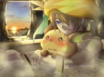  bathing blush brown_hair cafe_(chuu_no_ouchi) gen_1_pokemon hat hug nobunaga_no_yabou pokemon pokemon_(creature) pokemon_+_nobunaga_no_yabou purple_eyes raichu sunset takenaka_hanbee_(sengoku_musou) water 