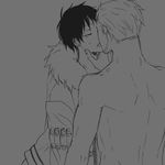  1:1 2boys age_difference cosplay costume_switch duo jacket kiss male male_focus monkey_d_luffy monochrome multiple_boys one_piece pixiv_manga_sample ryo_(pixiv966497) scar smoker topless yaoi 