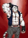  anthro armpits biceps big_muscles black_fur blue_eyes body_markings bulge clothing feline fingerless_gloves flexing fur gloves grin grisser jacket jockstrap looking_at_viewer male mammal markings muscles necklace nipples open_shirt pants pecs pink_nose pose raised_arm shirt smile solo standing stripes tiger toned underwear white white_fur white_tiger 