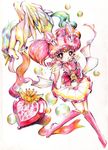  absurdres back_bow bell bishoujo_senshi_sailor_moon boots bow chibi_usa colored_pencil_(medium) crystal crystal_carillon full_body hair_ornament hairclip heart helios_(sailor_moon) highres holding horn horse kmmmmmk knee_boots magical_girl mane multicolored multicolored_clothes multicolored_skirt pegasus pegasus_(sailor_moon) pink_footwear pink_hair pink_sailor_collar sailor_chibi_moon sailor_collar sailor_senshi_uniform skirt star super_sailor_chibi_moon tiara traditional_media twintails 