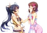  ahoge amami_haruka beyond_the_vibes black_hair blush bracelet breasts brown_hair earrings fang ganaha_hibiki gloves hair_ribbon highres holding_hands hoop_earrings idolmaster idolmaster_(classic) jewelry medium_breasts multiple_girls navel ponytail purple_eyes racer_(magnet) ribbon star star_print tears wavy_mouth 