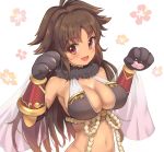  :d armpits bangs bare_shoulders black_bikini_top blush breasts brown_hair cleavage dargo eyebrows_visible_through_hair fang floral_background fur_collar gauntlets hair_intakes hands_up kyan_kaori large_breasts long_hair looking_at_viewer navel open_mouth parted_bangs paws princess_connect! princess_connect!_re:dive red_eyes see-through simple_background smile solo upper_body white_background 