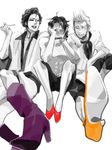  3boys cafewall high_heels izou_(one_piece) male male_focus multiple_boys one_piece orange_shoes pixiv_thumbnail portgas_d_ace purple_shoes red_shoes resized scar shoes sitting smoking_pipe spot_color thatch topless trio whitebeard_pirates 