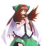  bad_id bad_tinami_id blush bow brown_hair cape hair_bow long_hair open_mouth red_eyes reiuji_utsuho salmon_(saaamon) skirt solo third_eye touhou white_background wings 