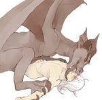  blush claws cum dicks_touching digitigrade dragon duo feral frottage gay hair human human_on_feral interspecies kavaa licking lying male mammal on_back penis plain_background scalie size_difference tongue tongue_out white_background white_hair wings wyvern 