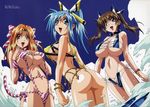  3girls absurdres aqua_eyes ass bikini blue_eyes blue_hair bow bracelet breast_press breast_suppress breasts cat_tail choker divergence_eve erect_nipples glasses hair_bow hair_ribbon highres huge_breasts jewelry kureha_misaki long_hair micro_bikini multiple_girls orange_hair ponytail prim_snowlight red_eyes ribbon side-tie_bikini sideboob sling_bikini splashing striped striped_swimsuit suzanna_bluestein swimsuit tail twintails underboob wading water yamashita_toshinari 