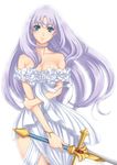  1girl annelotte blue_eyes dress large_breasts long_hair looking_at_viewer queen&#039;s_blade queen&#039;s_blade_rebellion smile solo sword white_dress white_hair 