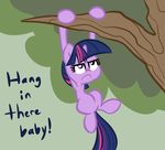 english_text equine female feral friendship_is_magic hair hang_in_there hang_in_there_baby hanging horn horse mammal multi-colored_hair my_little_pony outside pony purple_eyes sky solo tess-27 text tree twilight_sparkle_(mlp) unicorn 