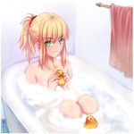  bath bathing bathtub blonde_hair blush braid fate/apocrypha fate_(series) green_eyes half_updo highres knees long_hair mordred_(fate) mordred_(fate)_(all) nude ponytail rubber_duck sidelocks smile soap_bubbles solo tusia wet 