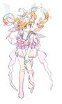  back_bow barefoot bishoujo_senshi_sailor_moon blonde_hair blue_eyes blue_sailor_collar boots bow cotton_(lapin) floating_hair full_body henshin highres knee_boots long_hair looking_away magical_girl ribbon sailor_collar sailor_moon sailor_senshi_uniform shoes single_shoe skirt solo super_sailor_moon transformation tsukino_usagi twintails white_background 