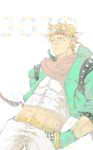  bacaitu blonde_hair blue_eyes caesar_anthonio_zeppeli facial_mark feathers fingerless_gloves gloves green_jacket hair_feathers headband highres jacket jojo_no_kimyou_na_bouken male_focus midriff scarf solo 