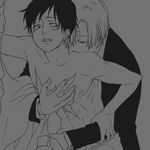  1:1 2boys formal groping hand_in_pants male male_focus monkey_d_luffy monochrome multiple_boys one_piece pixiv_manga_sample ryo_(pixiv966497) sanji scar suit topless undressing yaoi 