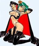  90s armlet armpits arms_behind_head arms_up boots breasts cape carrera cleavage collar demon_girl elbow_gloves erect_nipples gloves green_hair halterneck horns kneeling loincloth navel oldschool pointy_ears red_hair short_hair simple_background sogna thigh_boots thighhighs thighs viper viper_gtb 
