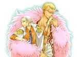  1boy 1girl blonde_hair bracelet donquixote_doflamingo epaulettes feathers grey_hair jewelry marine necktie one_piece ponytail shichibukai sunglasses tsuru_(one_piece) uniform 