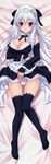  absurdres anegawa_koharu bed bed_sheet black_legwear blush breasts cleavage dakimakura detached_sleeves from_above full_body highres huge_filesize knees_together_feet_apart large_breasts looking_at_viewer lying maid maid_headdress mutsumi_masato on_back on_bed on_stomach original panties pink_eyes see-through skirt skirt_lift solo thighhighs underwear white_hair white_panties wrist_cuffs 