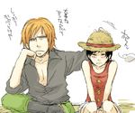  black_hair collared_shirt genderswap hat luffyko monkey_d_luffy nami nami_(one_piece) one_piece orange_hair shirt straw_hat vest 