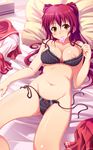  bra breasts brown_eyes condom condom_in_mouth groin kousaka_tamaki large_breasts long_hair lying mouth_hold navel nipples on_back panties red_hair shian_(my_lonly_life.) side-tie_panties smile solo to_heart_2 underwear underwear_only untied 