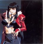  breasts choujin_gakuen_gowcaizer cleavage gowcaizer jacket jewelry kubira_(gowcaizer) leather leather_jacket lipstick makeup midriff miniskirt mole navel necklace official_art oobari_masami piercing red_eyes skirt technos voltage_fighter_gowcaizer 