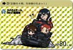  3girls bangs black_eyes black_hair blue_jacket blush brown_eyes brown_hair caterpillar_tracks chibi emblem girls_und_panzer ground_vehicle hair_ribbon jacket kadotani_anzu kawashima_momo koyama_yuzu long_hair military military_uniform military_vehicle monocle motor_vehicle multiple_girls one_eye_closed ooarai_(emblem) ooarai_military_uniform open_mouth panzerkampfwagen_38(t) parted_bangs ponytail red_eyes red_hair ribbon short_hair short_ponytail smile tank tank_shell twintails uniform 