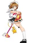  bad_id bad_pixiv_id brown_hair card cardcaptor_sakura clow_card foreshortening fuuin_no_tsue green_eyes hat kero kinomoto_sakura magical_girl nekogasuki school_uniform serafuku short_hair tomoeda_elementary_school_uniform wand white_hat 