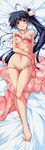  absurdres ahoge barefoot bikini black_hair blush breast_slip breasts dakimakura feet flarerouge_liliansol frilled_bikini frills front-tie_top full_body highres huge_filesize legs long_hair medium_breasts navel nipples one_breast_out pink_bikini pink_eyes ponytail scan side-tie_bikini solo swimsuit taiyou_no_promia takeya_masami towel untied untied_bikini 