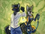  abstract_background anthro blue_eyes canine clothing collar couple cuffs duo female gloves hypnosis leash licking licking_lips looking_at_viewer male mammal mind_control open_mouth pendulum ruaidri shirt smile tongue tongue_out wolf yellow_eyes 