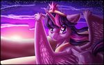  crown cutie_mark equine female feral friendship_is_magic fuzzy gold hair horn horse inuhoshi-to-darkpen looking_at_viewer looking_back mammal multi-colored_hair my_little_pony necklace pony purple_eyes solo standing stars sunset twilight_sparkle_(mlp) winged_unicorn wings 