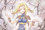  blonde_hair braid breasts cherry_blossoms closed_eyes commentary_request final_fantasy final_fantasy_xii kimagureneko long_hair nature penelo petals smile solo twin_braids twintails 