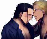  2boys black_hair blonde_hair donquixote_doflamingo male male_focus multiple_boys one_piece open_clothes open_shirt shichibukai shirt shitara_(kaimetsu_joutai) sir_crocodile stitching sunglasses yaoi 