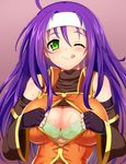  ;q bad_id bad_pixiv_id bra breasts center_opening cleavage detached_sleeves elbow_gloves fingerless_gloves fire_emblem fire_emblem:_akatsuki_no_megami gloves green_bra green_eyes hairband headband lace lace-trimmed_bra large_breasts matanonki one_eye_closed open_clothes open_shirt paizuri_invitation purple_hair shirt solo sweat tongue tongue_out underwear upper_body wayu_(fire_emblem) white_hairband 