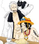  2boys alabasta cigar eating food jitte male male_focus multiple_boys one_piece portgas_d_ace smoker smoking topless weapon white_hair 