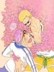  2boys blonde_hair donquixote_doflamingo drawstring duo error feathers glasses glasses_on_head headband kobi large_hands male male_focus marine military military_uniform multiple_boys one_piece open_clothes open_shirt pink_hair pirate shichibukai shirt uniform yaoi 