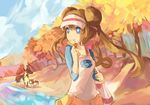  1girl antlers bag blue_eyes brown_hair deerling double_bun mei_(pokemon) nintendo plant pokemon pokemon_(game) pokemon_bw2 sawsbuck smile visor_cap water 