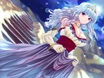  bracelet breasts bursting_breasts cleavage denson dress dutch_angle elbow_gloves full_moon gloves idolmaster idolmaster_(classic) jewelry large_breasts long_hair moon night red_eyes ring shijou_takane silver_hair skirt skirt_lift smile solo stairs tiara wavy_hair 