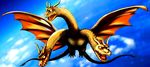  clouds dragon flying godzilla_(series) golden_skin hi_res horn kaiju king_ghidorah multi_head multiple_tails not_furry scales sky solo unknown_artist white_eyes wings 