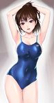  arms_behind_head arms_up breasts brown_eyes brown_hair contrapposto covered_navel erumanchi large_breasts lips one-piece_swimsuit original parted_lips ponytail realistic school_swimsuit short_hair solo standing swimsuit 