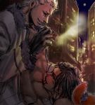  2boys abs licking lowres male male_focus multiple_boys one_piece outdoors portgas_d_ace smoker yaoi 