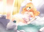  blonde_hair green_eyes happy long_hair naked_towel one_eye_closed onsen open_mouth sitting solo_focus steam tales_of_pixiv towel water 