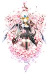  absurdres armor bad_id bad_pixiv_id black_armor cherry_blossoms code:_nemesis_(elsword) elsword eve_(elsword) expressionless flower forehead_jewel gloves highres long_hair mecha_musume poseich skirt solo thighhighs white_hair yellow_eyes 