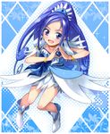  argyle argyle_background asymmetrical_clothes bike_shorts blue blue_background blue_bow blue_eyes blue_hair boots bow bracelet breasts checkered checkered_background choker cleavage crystal_earrings cure_diamond diamond_(shape) diamond_hands dokidoki!_precure earrings heart highres hishikawa_rikka jewelry long_hair magical_girl object_namesake ponytail precure purple_hair shoes shorts shorts_under_skirt skirt small_breasts smile solo tiara yone 