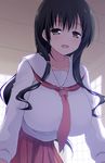  black_hair blush breasts brown_eyes collarbone huge_breasts hyuuga_takashi iwato_kasumi leaning_forward long_hair necktie open_mouth pleated_skirt saki school_uniform serafuku skirt solo 